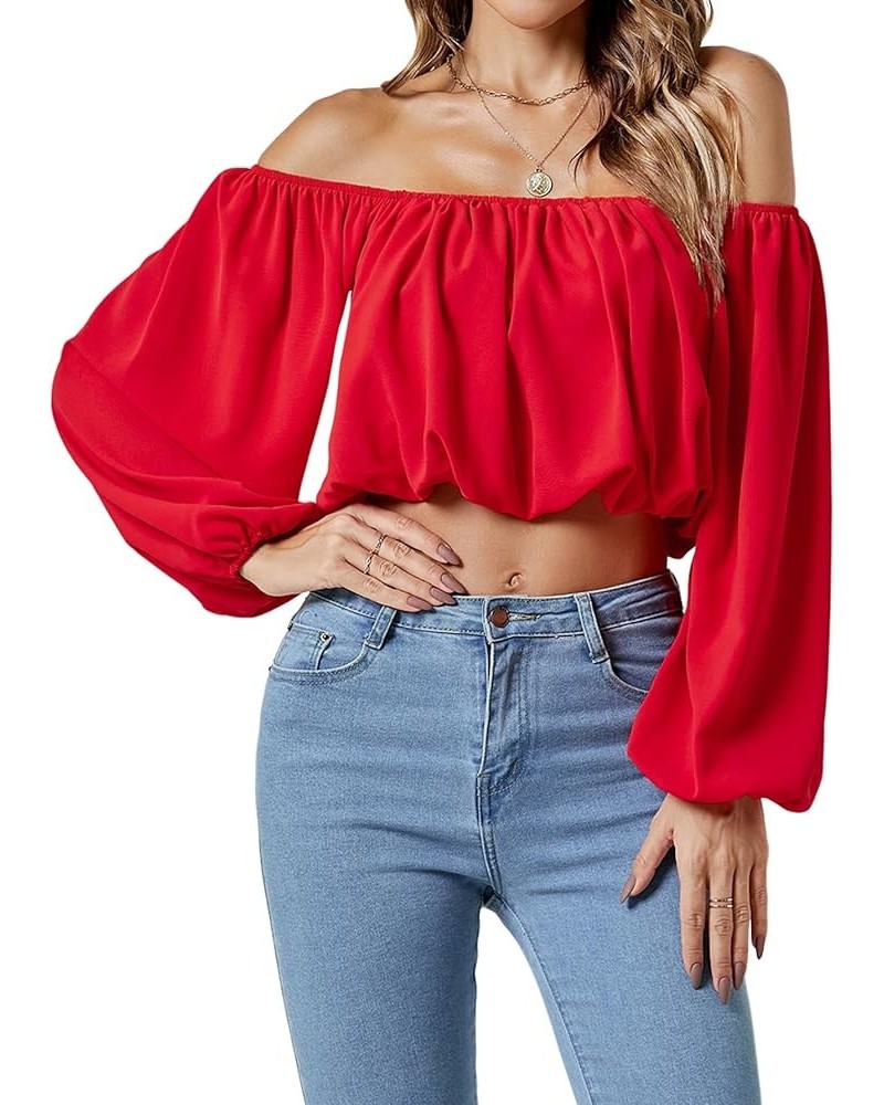 Women's Casual Off Shoulder Ruched Lantern Long Sleeve Crop Top Blouse Shirt Red $16.95 Blouses