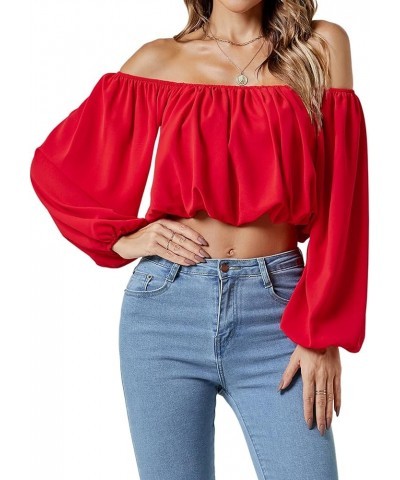 Women's Casual Off Shoulder Ruched Lantern Long Sleeve Crop Top Blouse Shirt Red $16.95 Blouses