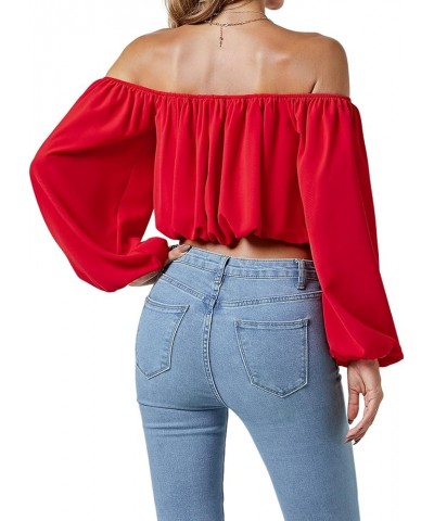 Women's Casual Off Shoulder Ruched Lantern Long Sleeve Crop Top Blouse Shirt Red $16.95 Blouses