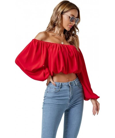 Women's Casual Off Shoulder Ruched Lantern Long Sleeve Crop Top Blouse Shirt Red $16.95 Blouses