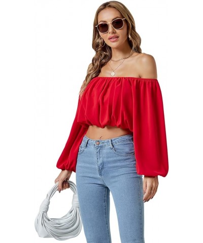 Women's Casual Off Shoulder Ruched Lantern Long Sleeve Crop Top Blouse Shirt Red $16.95 Blouses