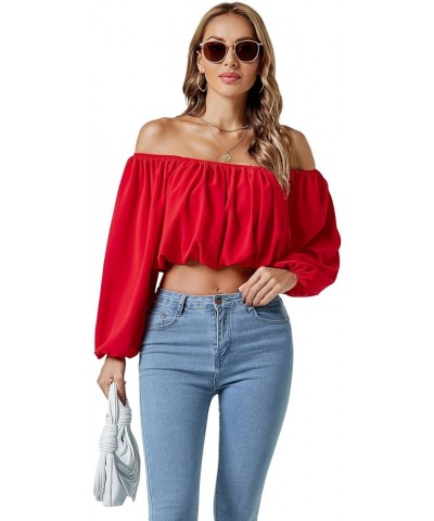 Women's Casual Off Shoulder Ruched Lantern Long Sleeve Crop Top Blouse Shirt Red $16.95 Blouses