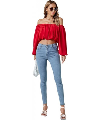 Women's Casual Off Shoulder Ruched Lantern Long Sleeve Crop Top Blouse Shirt Red $16.95 Blouses