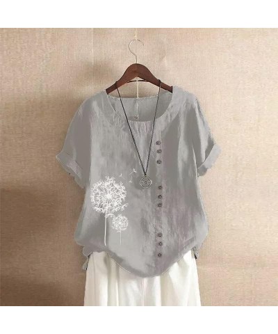 Cotton Linen Dandelion Shirts for Women Plus Size Summer Beach Short Sleeve Casual Loose Comfy Blouses Tunic Tops Grey 11 $12...