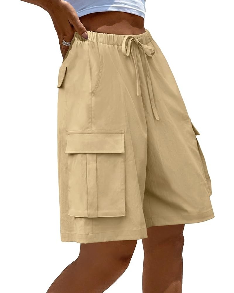 Women's Summer Casual Cargo Shorts Elastic Waist Drawstring Hiking Bermuda Shorts with Pockets Khaki $18.23 Shorts