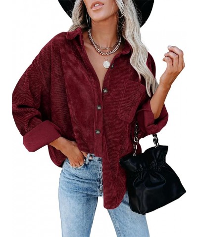 Womens Button Down Corduroy Shirts Oversized Long Sleeved Blouses Tops Fall Shacket Jackets 37-wine Red $18.54 Blouses