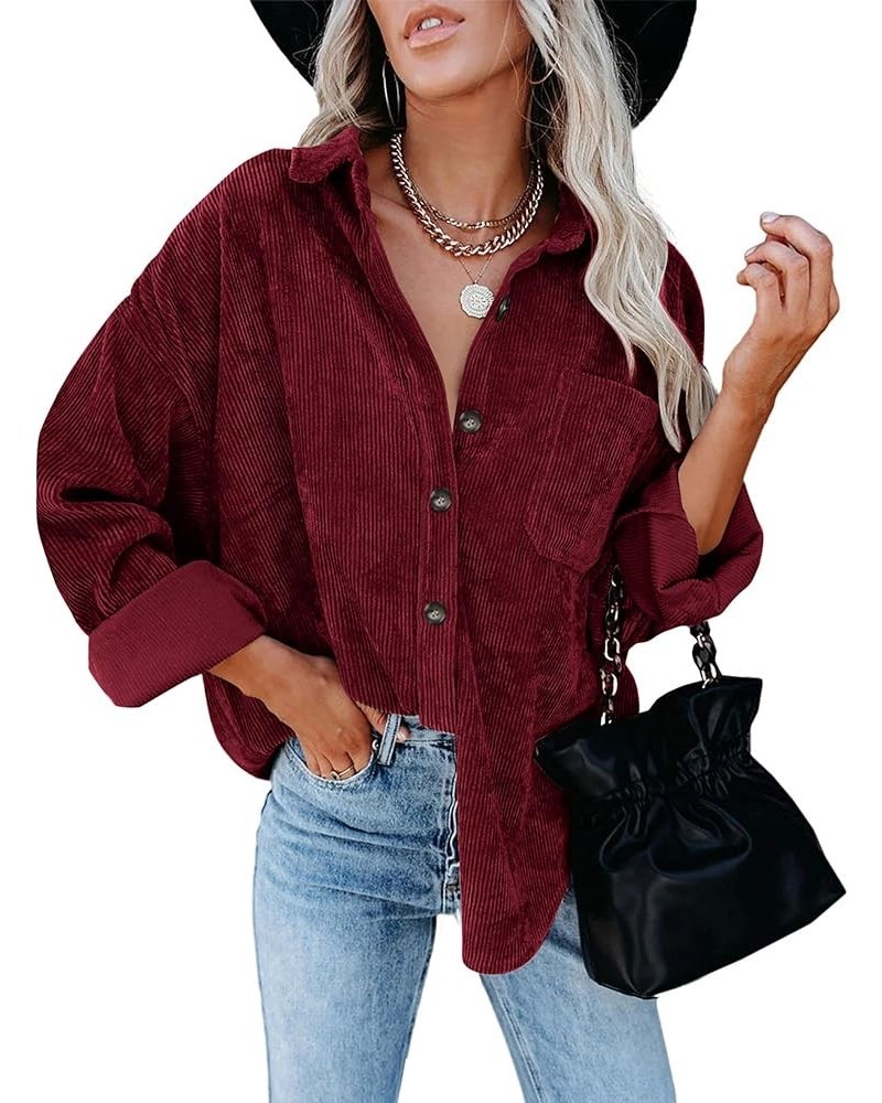 Womens Button Down Corduroy Shirts Oversized Long Sleeved Blouses Tops Fall Shacket Jackets 37-wine Red $18.54 Blouses