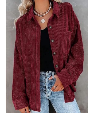 Womens Button Down Corduroy Shirts Oversized Long Sleeved Blouses Tops Fall Shacket Jackets 37-wine Red $18.54 Blouses