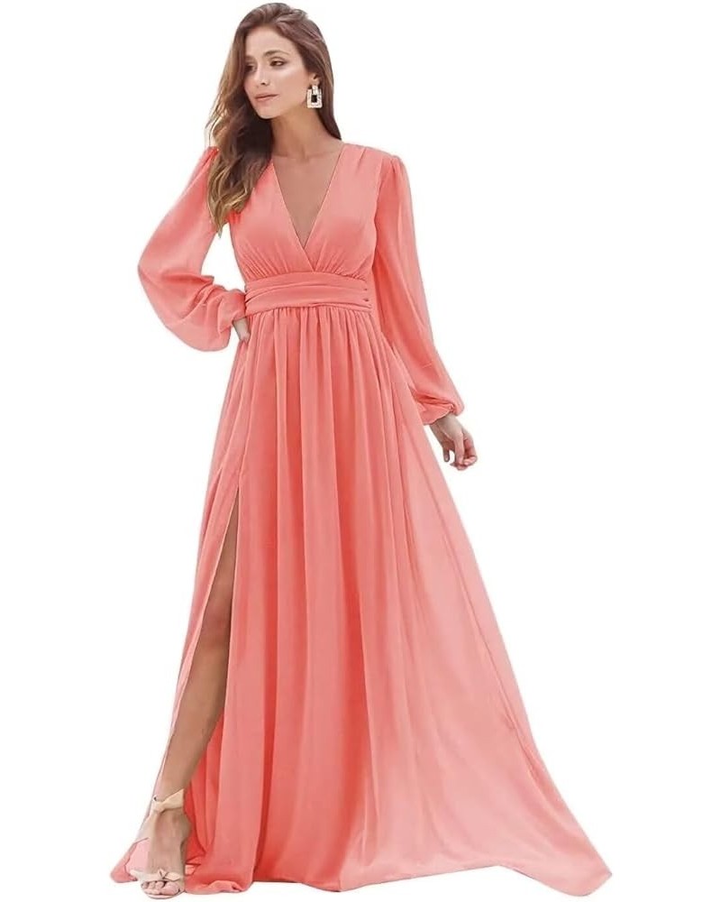 Long Sleeve Bridesmaid Dresses with Slit for Women V Neck A Line Pleated Chiffon Evening Prom Formal Gowns Watermelon $33.00 ...