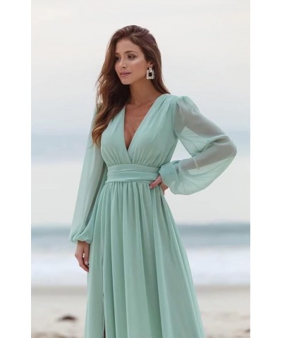 Long Sleeve Bridesmaid Dresses with Slit for Women V Neck A Line Pleated Chiffon Evening Prom Formal Gowns Watermelon $33.00 ...