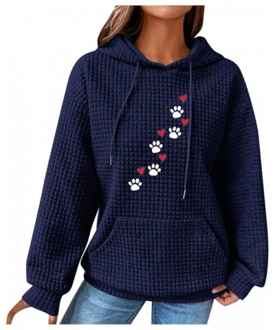 Dog Lover Sweatshirt Waffle Hoodies for Women Heart Dog Paw Graphic Pullover with Pockets Cute Dog Mama Tops Dark Blue $10.80...