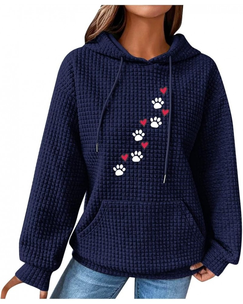 Dog Lover Sweatshirt Waffle Hoodies for Women Heart Dog Paw Graphic Pullover with Pockets Cute Dog Mama Tops Dark Blue $10.80...