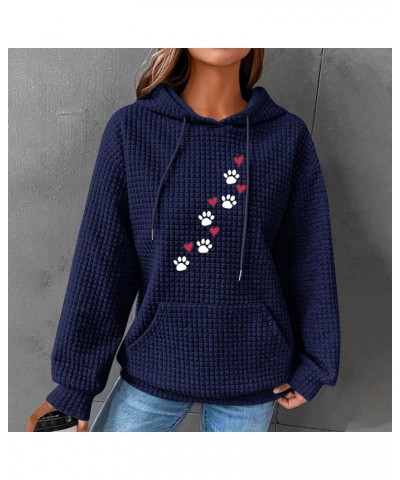 Dog Lover Sweatshirt Waffle Hoodies for Women Heart Dog Paw Graphic Pullover with Pockets Cute Dog Mama Tops Dark Blue $10.80...