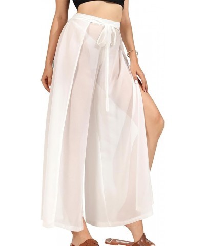 Sheer Cover Up Pants for Women - Casual High Split Front Tied Elastic Waist Wide Leg Gauze Pants Casual Summer White $12.50 S...