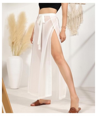 Sheer Cover Up Pants for Women - Casual High Split Front Tied Elastic Waist Wide Leg Gauze Pants Casual Summer White $12.50 S...