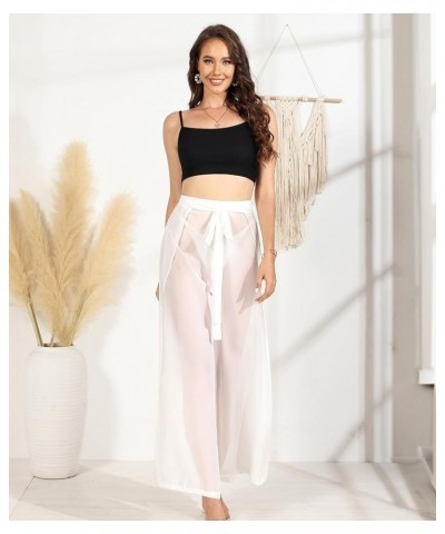 Sheer Cover Up Pants for Women - Casual High Split Front Tied Elastic Waist Wide Leg Gauze Pants Casual Summer White $12.50 S...