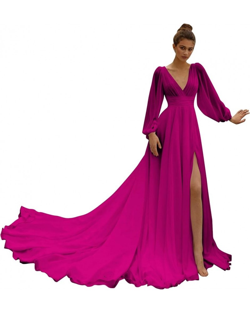 Long Sleeve Wedding Dresses with Slit Train Beach Bridal Gown for Bride Long V Neck Chiffon Bridesmaid Dresses Fuchsia $31.34...