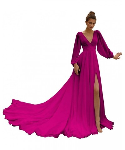 Long Sleeve Wedding Dresses with Slit Train Beach Bridal Gown for Bride Long V Neck Chiffon Bridesmaid Dresses Fuchsia $31.34...