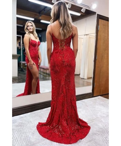 Spaghetti Straps Sequins Prom Dresses Long Lace Appliques Mermaid Formal Evening Party Gowns for Women with Slit Navy $47.50 ...