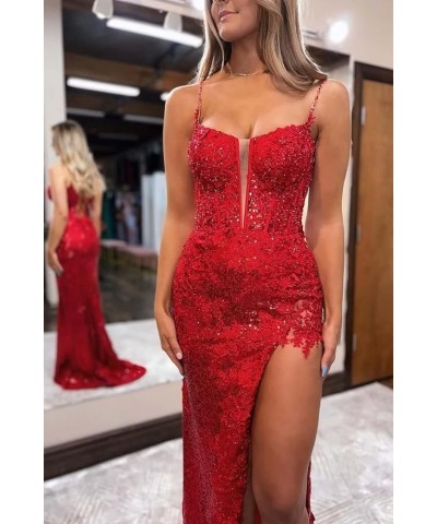 Spaghetti Straps Sequins Prom Dresses Long Lace Appliques Mermaid Formal Evening Party Gowns for Women with Slit Navy $47.50 ...