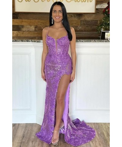 Spaghetti Straps Sequins Prom Dresses Long Lace Appliques Mermaid Formal Evening Party Gowns for Women with Slit Navy $47.50 ...