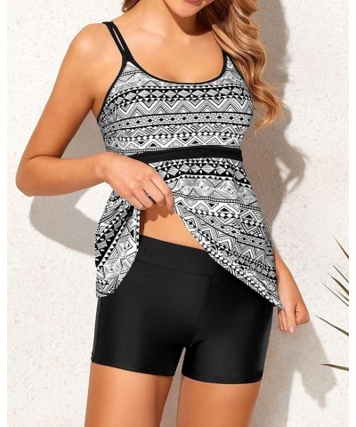 Two Piece Tankini Bathing Suits for Women Tummy Control Swimsuits with Boy Shorts Modest Swimwear Black and White Geometric $...