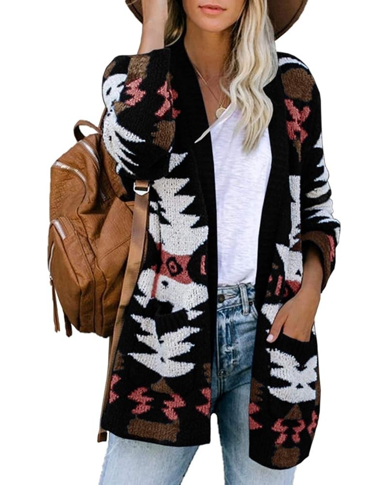 Women Boho Cardigan Aztec Open Front Loose Slouchy Sweaters Tribal Long Sleeve Knitted Christmas Jacket Coat Black-1 $21.19 S...