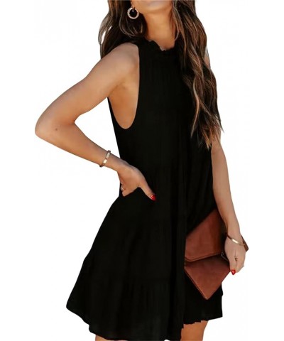 Women Casual Tank Dress Sleeveless Mock Neck Back Zipper Linen Summer Dress Scallop Halter Dress Sundress Beachwear Solid Bla...