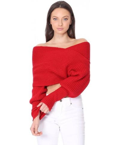 Women's Knit Pullover Sweater – Off The Shoulder Long Sleeve Sexy Shawl Wrap Casual Chunky Knitted Crop Top Navy $11.77 Sweaters