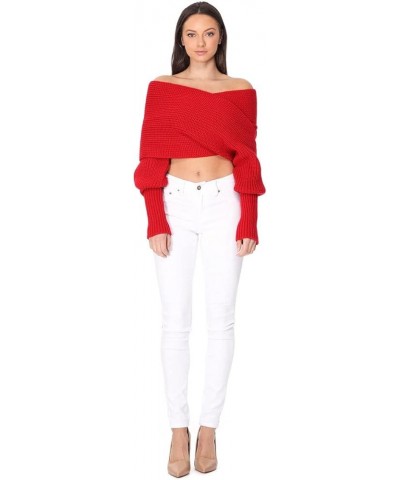 Women's Knit Pullover Sweater – Off The Shoulder Long Sleeve Sexy Shawl Wrap Casual Chunky Knitted Crop Top Navy $11.77 Sweaters