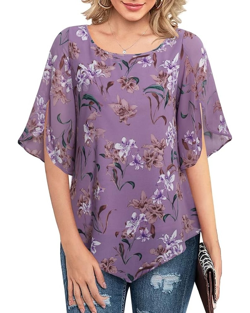 Women's Loose Half Split Sleeve Double-Layered Tops Chiffon Scoop Neck Dressy Blouse Flowy Shirts Violet Floral Print $17.84 ...