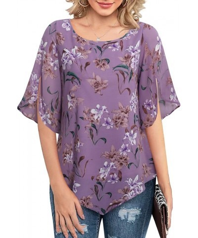 Women's Loose Half Split Sleeve Double-Layered Tops Chiffon Scoop Neck Dressy Blouse Flowy Shirts Violet Floral Print $17.84 ...