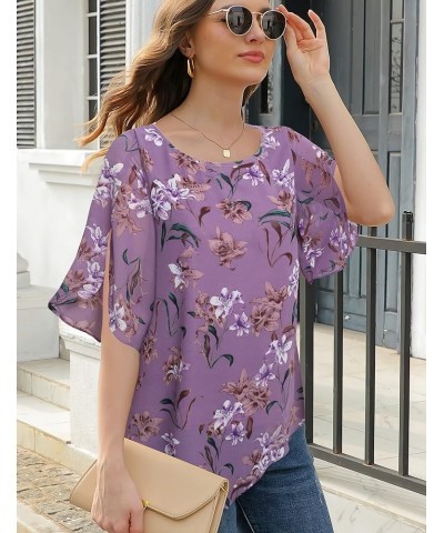 Women's Loose Half Split Sleeve Double-Layered Tops Chiffon Scoop Neck Dressy Blouse Flowy Shirts Violet Floral Print $17.84 ...