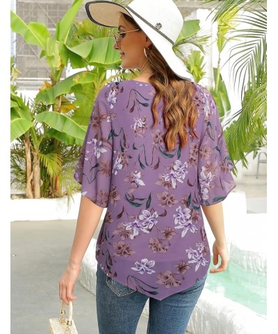 Women's Loose Half Split Sleeve Double-Layered Tops Chiffon Scoop Neck Dressy Blouse Flowy Shirts Violet Floral Print $17.84 ...