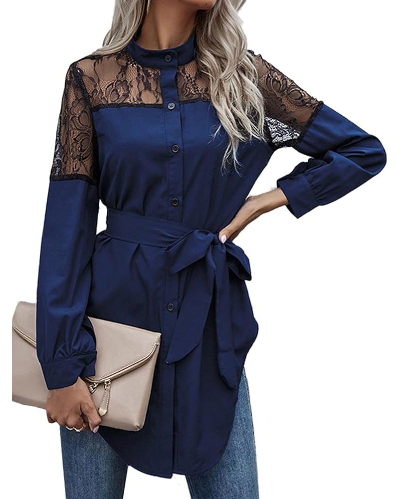 Women's Lace Long Sleeve High-Low Hem Self Tie Waist Button Down Blouse Shirt Royal Blue $11.22 Blouses