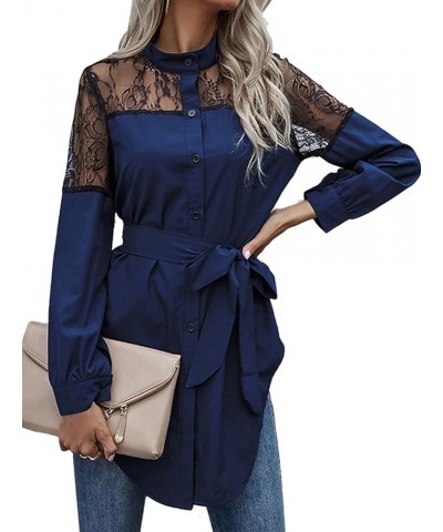 Women's Lace Long Sleeve High-Low Hem Self Tie Waist Button Down Blouse Shirt Royal Blue $11.22 Blouses