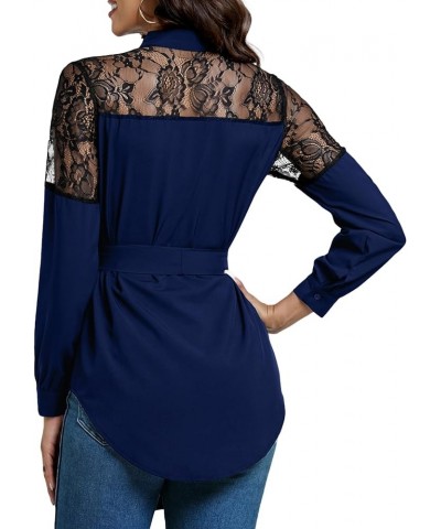 Women's Lace Long Sleeve High-Low Hem Self Tie Waist Button Down Blouse Shirt Royal Blue $11.22 Blouses