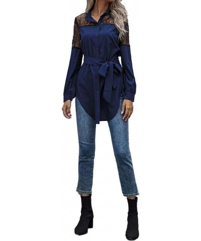 Women's Lace Long Sleeve High-Low Hem Self Tie Waist Button Down Blouse Shirt Royal Blue $11.22 Blouses