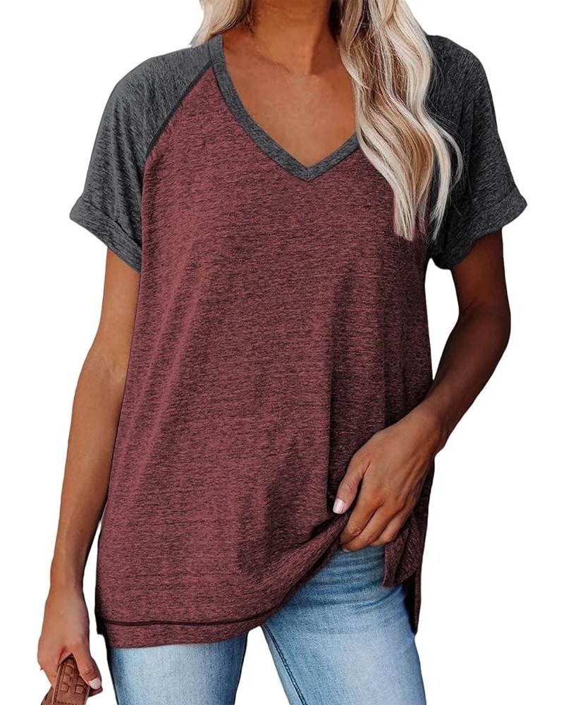 Women's Casual Short Sleeve T Shirts V Neck Raglan Rolled Sleeve Loose Side Split Tunic Tops A Red and Grey $10.39 Tops