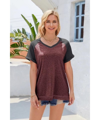 Women's Casual Short Sleeve T Shirts V Neck Raglan Rolled Sleeve Loose Side Split Tunic Tops A Red and Grey $10.39 Tops