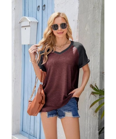 Women's Casual Short Sleeve T Shirts V Neck Raglan Rolled Sleeve Loose Side Split Tunic Tops A Red and Grey $10.39 Tops