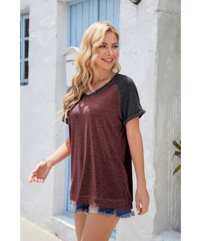 Women's Casual Short Sleeve T Shirts V Neck Raglan Rolled Sleeve Loose Side Split Tunic Tops A Red and Grey $10.39 Tops