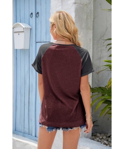 Women's Casual Short Sleeve T Shirts V Neck Raglan Rolled Sleeve Loose Side Split Tunic Tops A Red and Grey $10.39 Tops