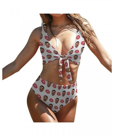 Custom Face Chest Strap Bikini Sets Personalized Independence Day Swimsuit American Flag Red Lips $17.66 Swimsuits