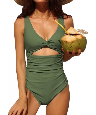 Womens One Piece Swimsuit Ruched Tummy Control High Cut Backless V Neck Bathing Suits Swimwear 4d Army Green $17.63 Swimsuits