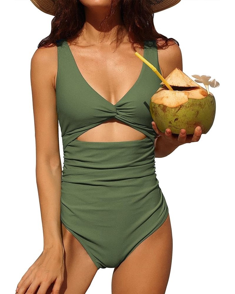 Womens One Piece Swimsuit Ruched Tummy Control High Cut Backless V Neck Bathing Suits Swimwear 4d Army Green $17.63 Swimsuits