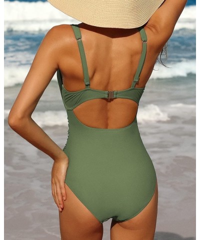 Womens One Piece Swimsuit Ruched Tummy Control High Cut Backless V Neck Bathing Suits Swimwear 4d Army Green $17.63 Swimsuits