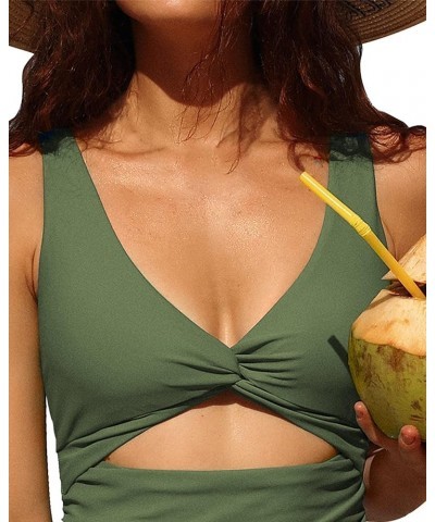 Womens One Piece Swimsuit Ruched Tummy Control High Cut Backless V Neck Bathing Suits Swimwear 4d Army Green $17.63 Swimsuits