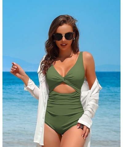 Womens One Piece Swimsuit Ruched Tummy Control High Cut Backless V Neck Bathing Suits Swimwear 4d Army Green $17.63 Swimsuits