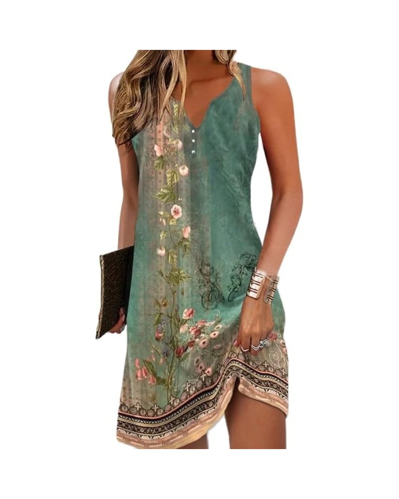 Womens Summer Casual Boho Ethnic Floral Printed Sundress Knee Length Loose Sleeveless Button V Neck Tank Dress 1 $13.33 Dresses